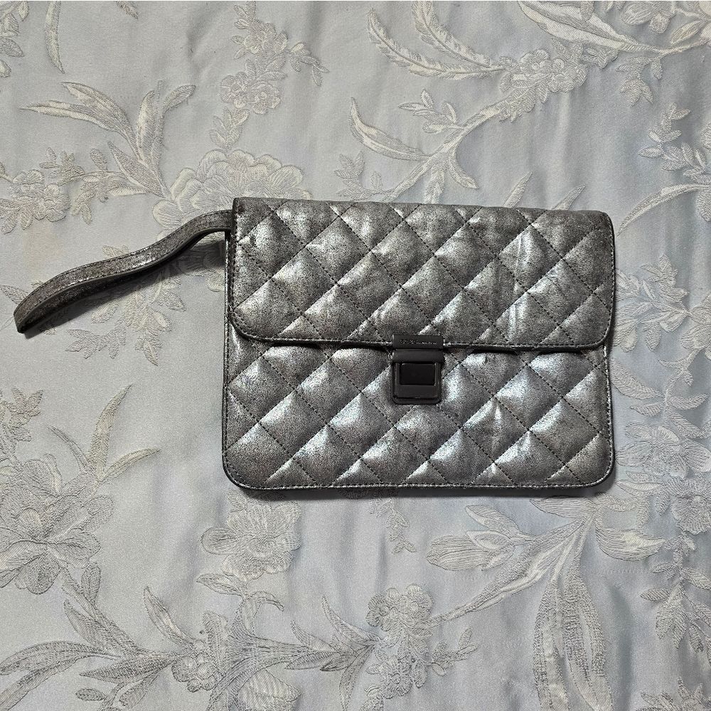 BCBG 'Clueless' Silver - Quilted Convertible Clutch Bag Vegan Leather NWT
